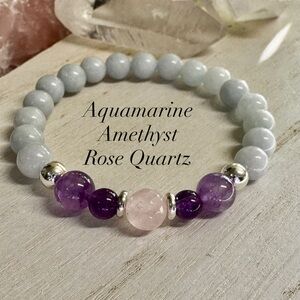 2/$40 - Aquamarine, Amethyst & Rose Quartz Gemstone Stretchy Bracelet - 8mm
